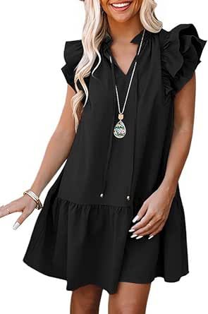 Dokotoo Womens Summer Dresses 2024 V-Neck Drawstring Ruffle Cap Short Sleeve Casual Side Pockets Mini Dress Sundress