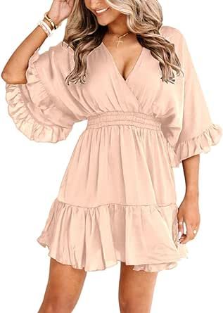Aoysky Womens V Neck Casual Dresses Summer Loose High Waist Ruffle Pleated Cute Mini Short Dress