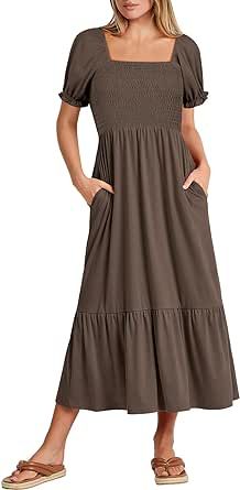 ANRABESS Dresses for Women Summer Short Puff Sleeve Square Neck Midi Dress Flowy Tiered Beach Aline Sundress