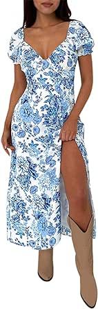 SPRIME Women's Summer Casual Dress V Neck Short Puff Sleeve Midi Dresses Floral Print High Waist Split Thigh A-Line Dress