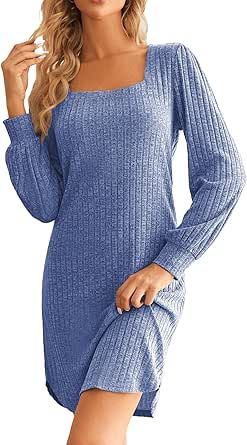 Ekouaer Womens Long Sleeve Nightgown Ribbed Knit Square Neck Loungewear Loose Fit Sleepwear Night dress