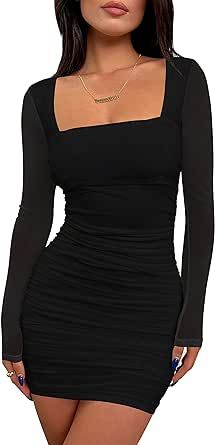 BORIFLORS Women's Sexy Ruched Bodycon Mini Dress Mesh Long Sleeve Club Party Short Dresses